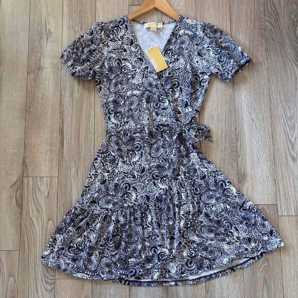 NWT Michael Kors Faux Wrap Midnight Blue Paisley Mini Dress Womens Size XS - Picture 9 of 15